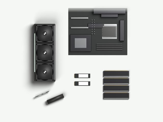 Motherboard, memory, SSDs and a graphics card laid out before assembly