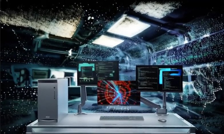 ET900N G3 on a desk with several screens showing AI agent activity
