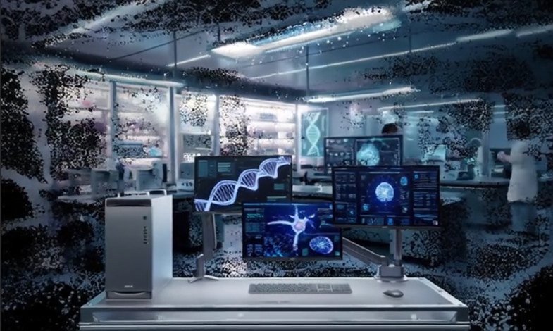 ET900N G3 in a laboratory beside screens showing DNA and scans