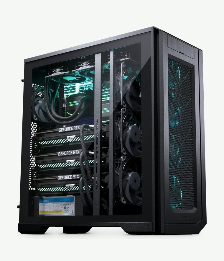 EMD Lab AI workstation with three graphics cards behind a glass side panel