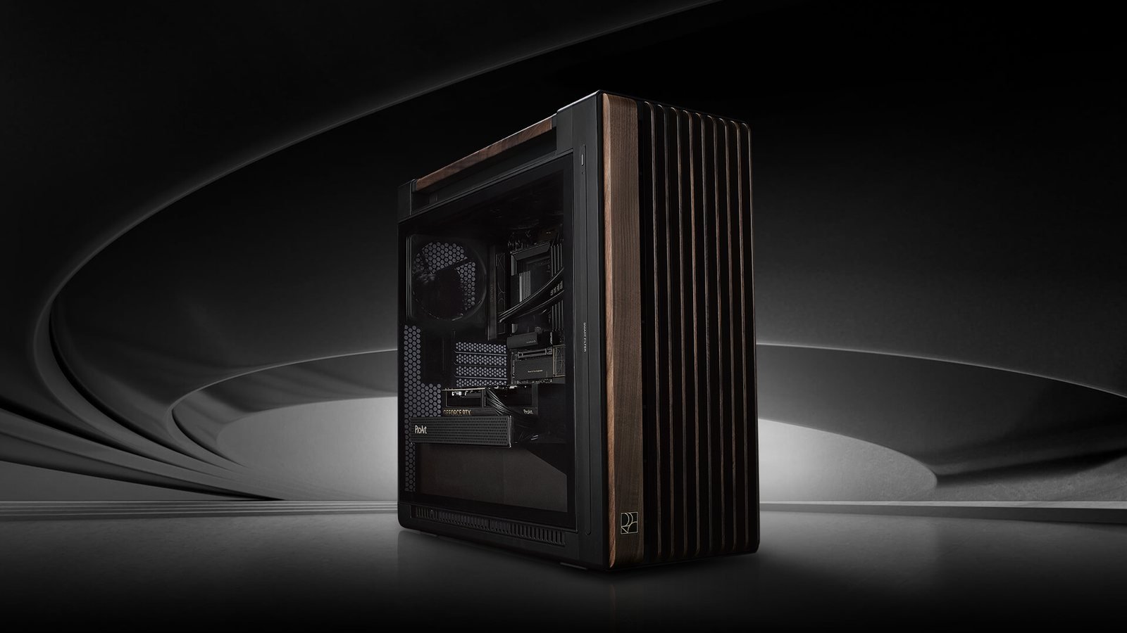 ProArt PC 602 Wood Edition with a glass panel and a finned walnut wood panel on the right side